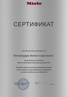 Сертификат Ничипурук Антона: ремонт и обслуживание стиральных машин